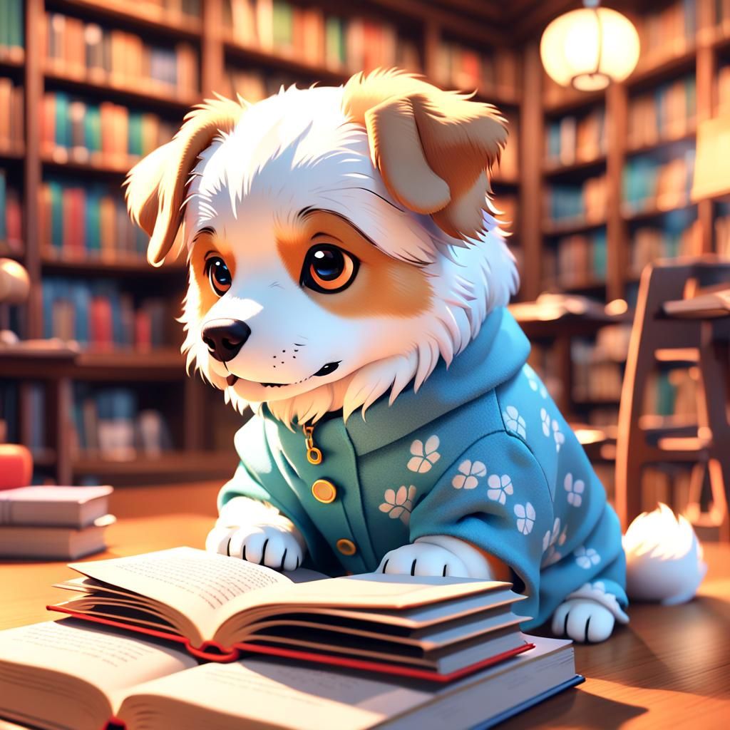 Dog Reading in Cozy Library, Anime 3D Animation