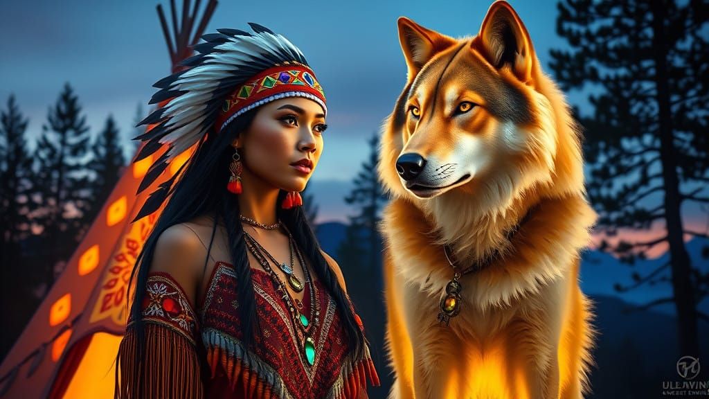 Native American Goddess with Mystical Wolf and Sacred Teepee...