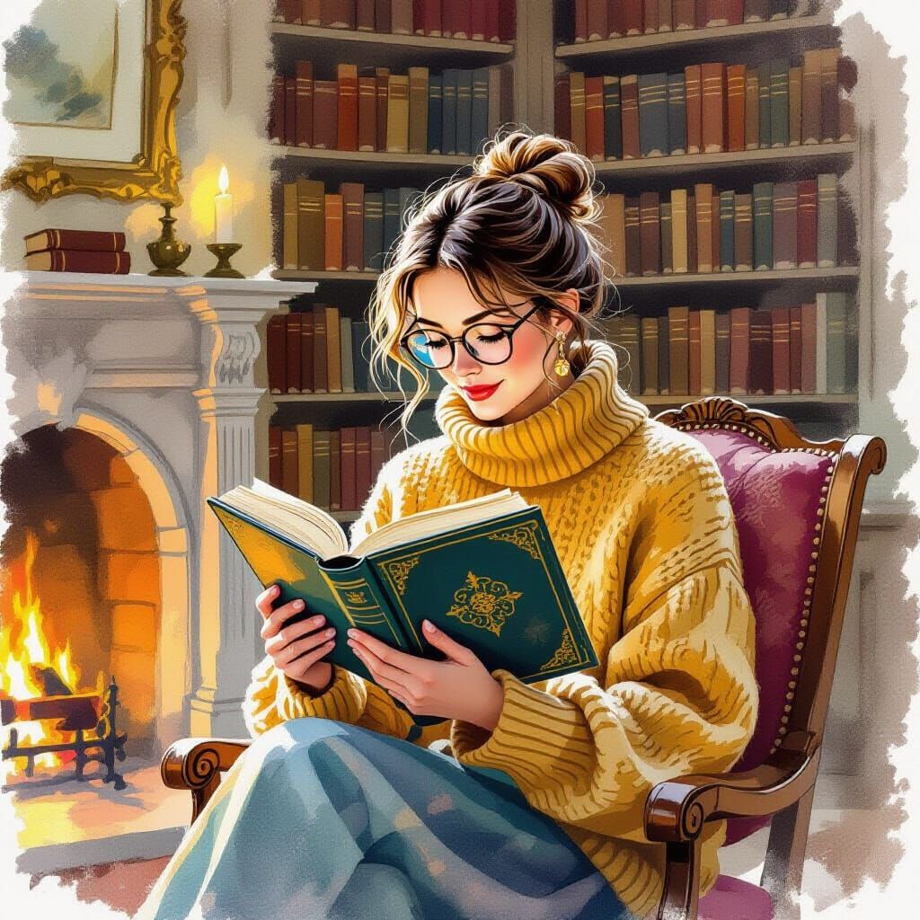 Cozy Library Scene: Woman Reading by Fireplace