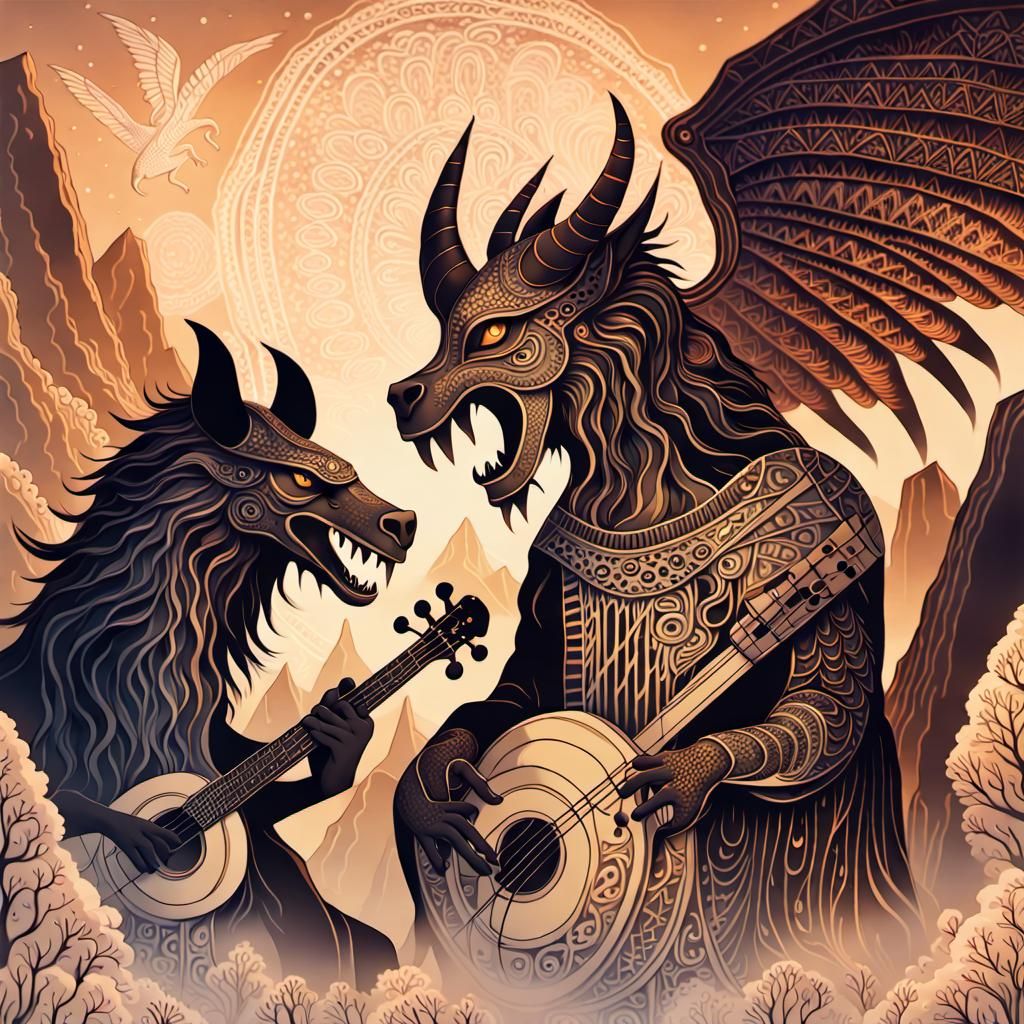 Mystical Creatures' Bonfire: A Surreal Portrait