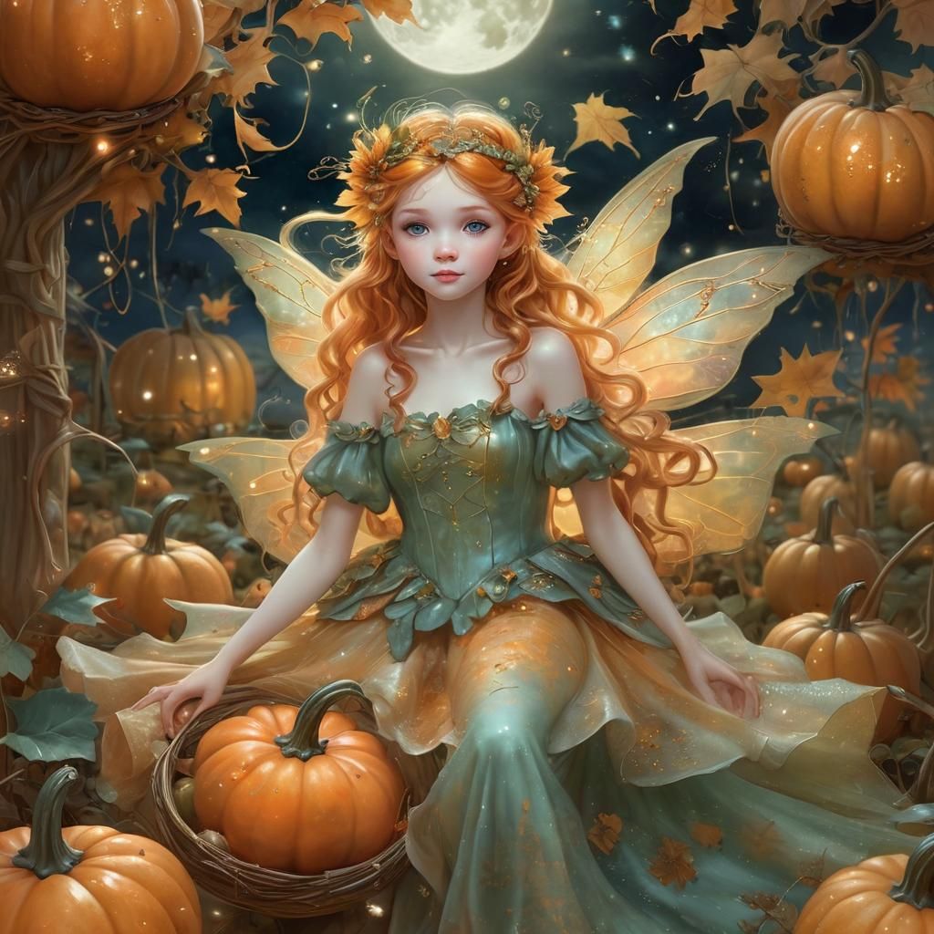 Glowing Pumpkin Fairy in Magical Moonlight