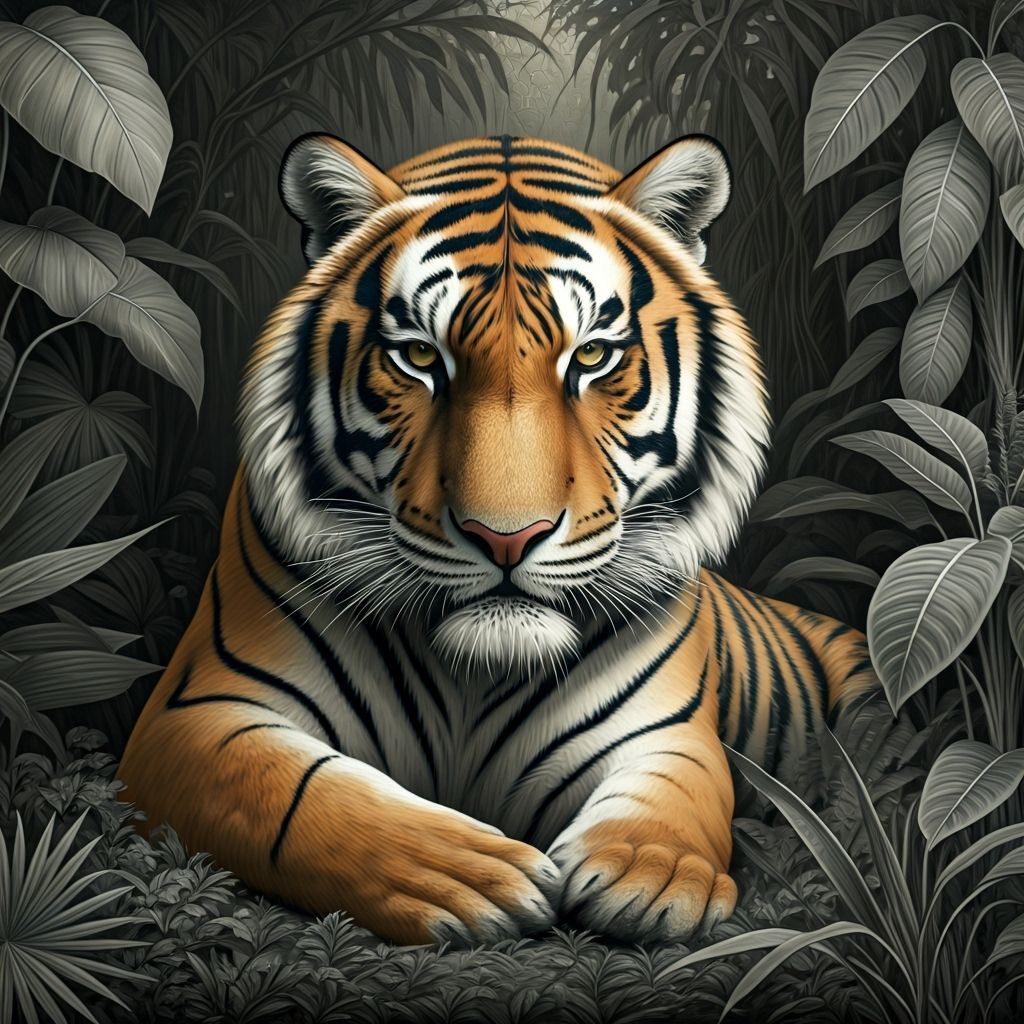 Monochromatic Tigers Prowling Through Lush Jungle
