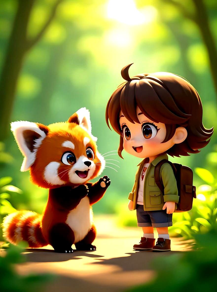 Chibi 3D Anime Red Panda Greets Tourist