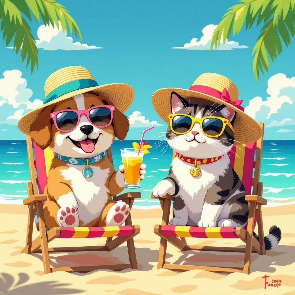 Dog and Cat Beach Vacation in Pop Art Style