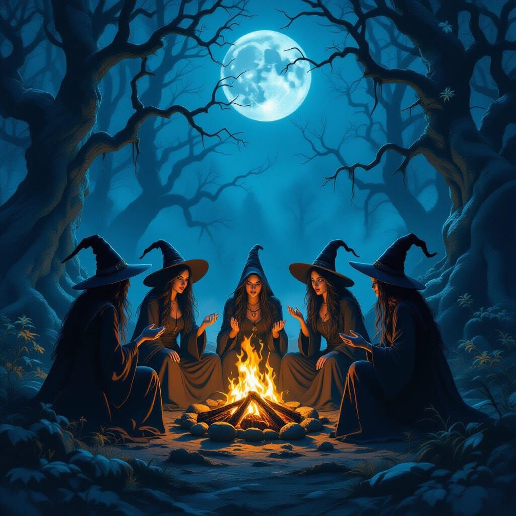 Witches Gathering in Moonlit Forest