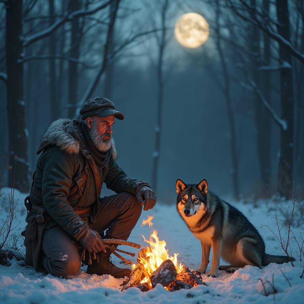Huntsman and Wolf Companion in Frozen Forest