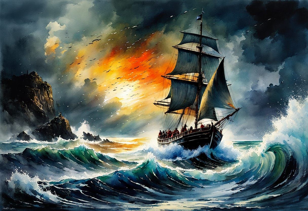 Surreal Stormy Waters Scene in Enki Bilal Style