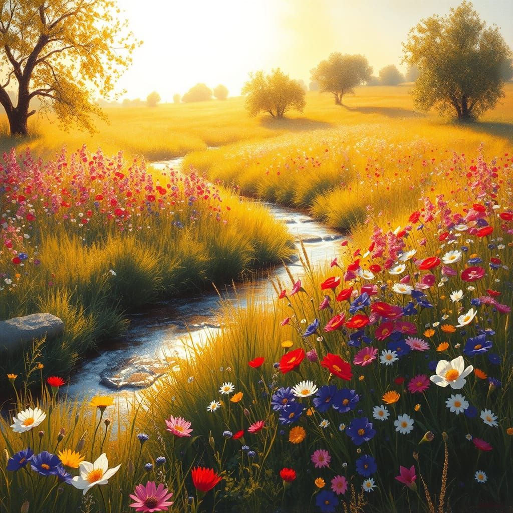 Golden Meadow: Impressionistic Oil Painting with Wildflowers