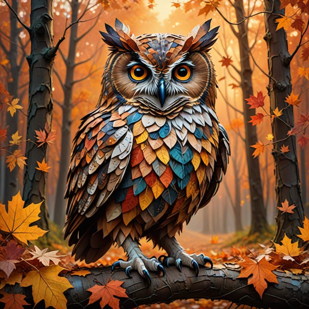Autumnal Owl in Enchanted Forest, Detailed Digital Art
