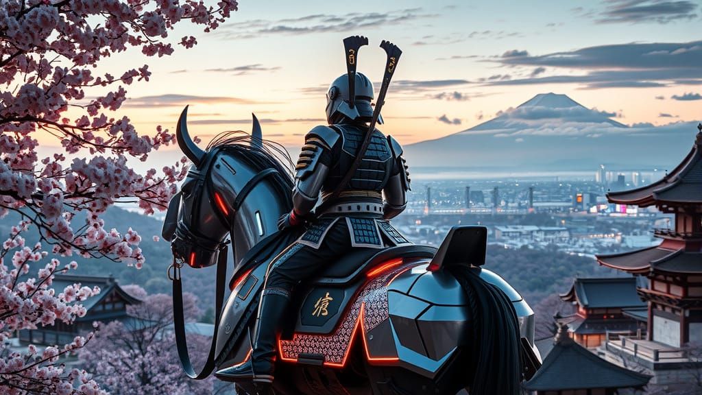 Cyber Samurai in Cherry Blossom Serenity
