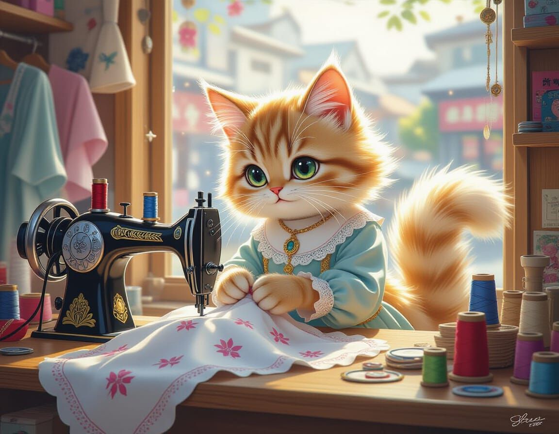 Cat Seamstress in Boutique: Detailed Digital Art