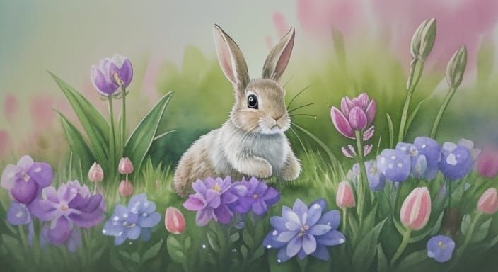 Whimsical Rabbit in Garden, Watercolor Style