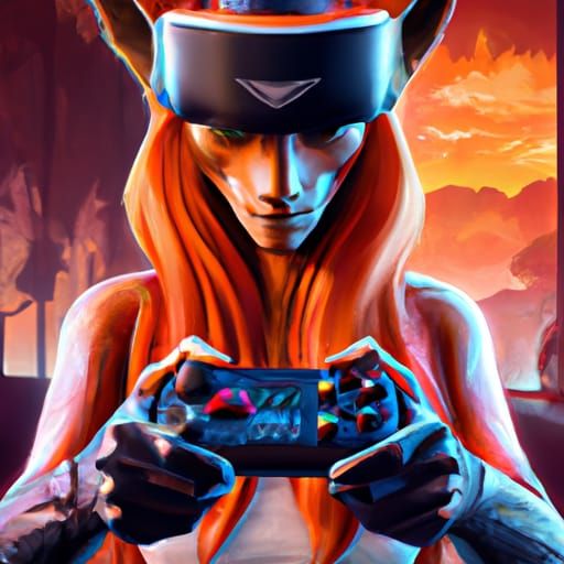 Fox Gamer in VR Headset, Digital Art Portrait