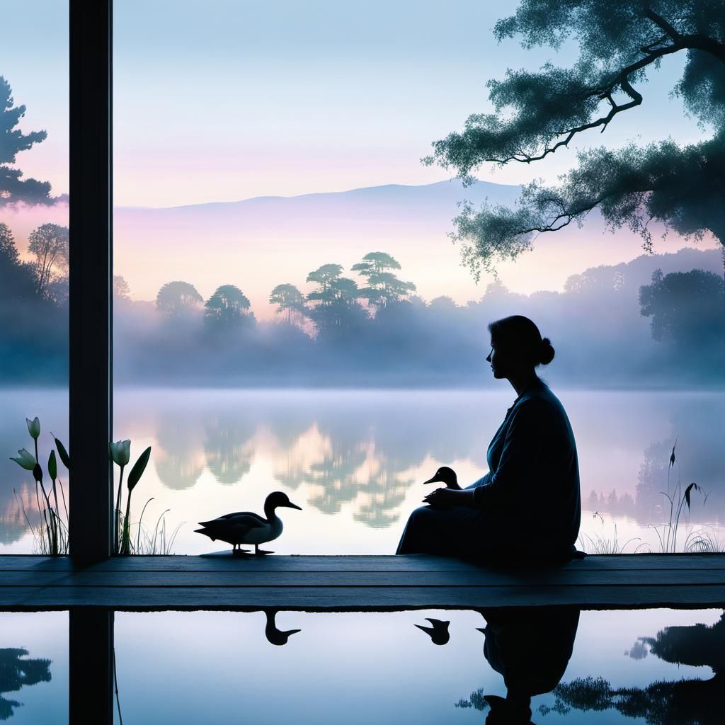 Silhouette of Mother with Lakeside Double Exposure