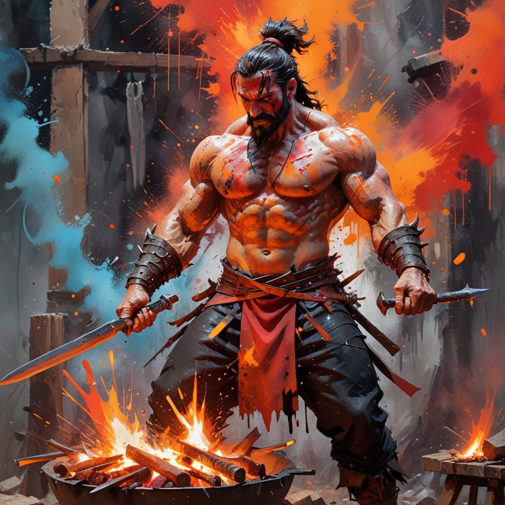 Barbarian Blacksmith Grilling Swords in Action Painting Styl...