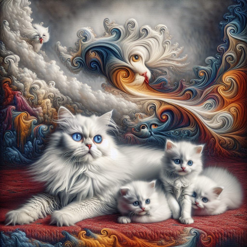 Surreal Persian Cat and Kittens: A Melting Oil Painting