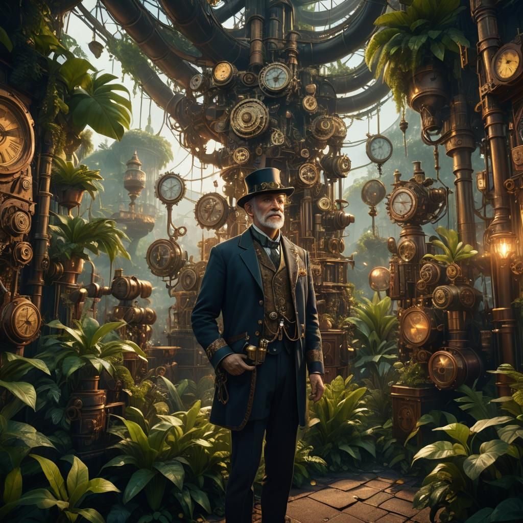Steampunk Inventor in Clockwork Jungle, Matte Painting
