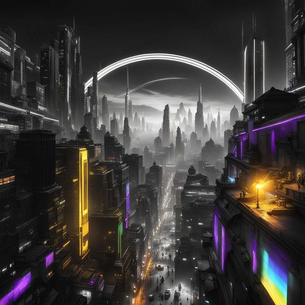 Monochrome Rainbow Over Cyberpunk Cityscape