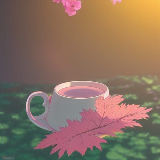 Cup of Tea with Pink Flora: Ghibli Anime Style