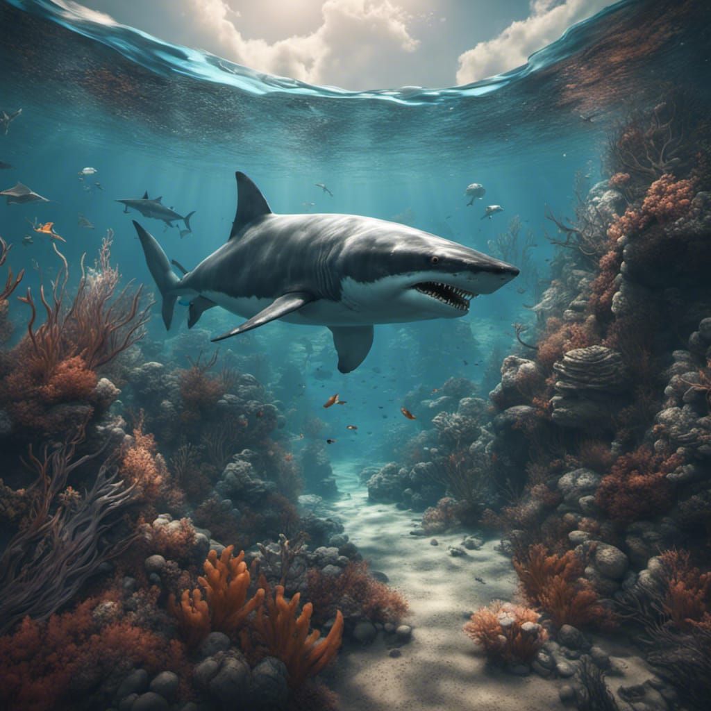 Megalodon in Crystal Waters: Detailed Fantasy Art