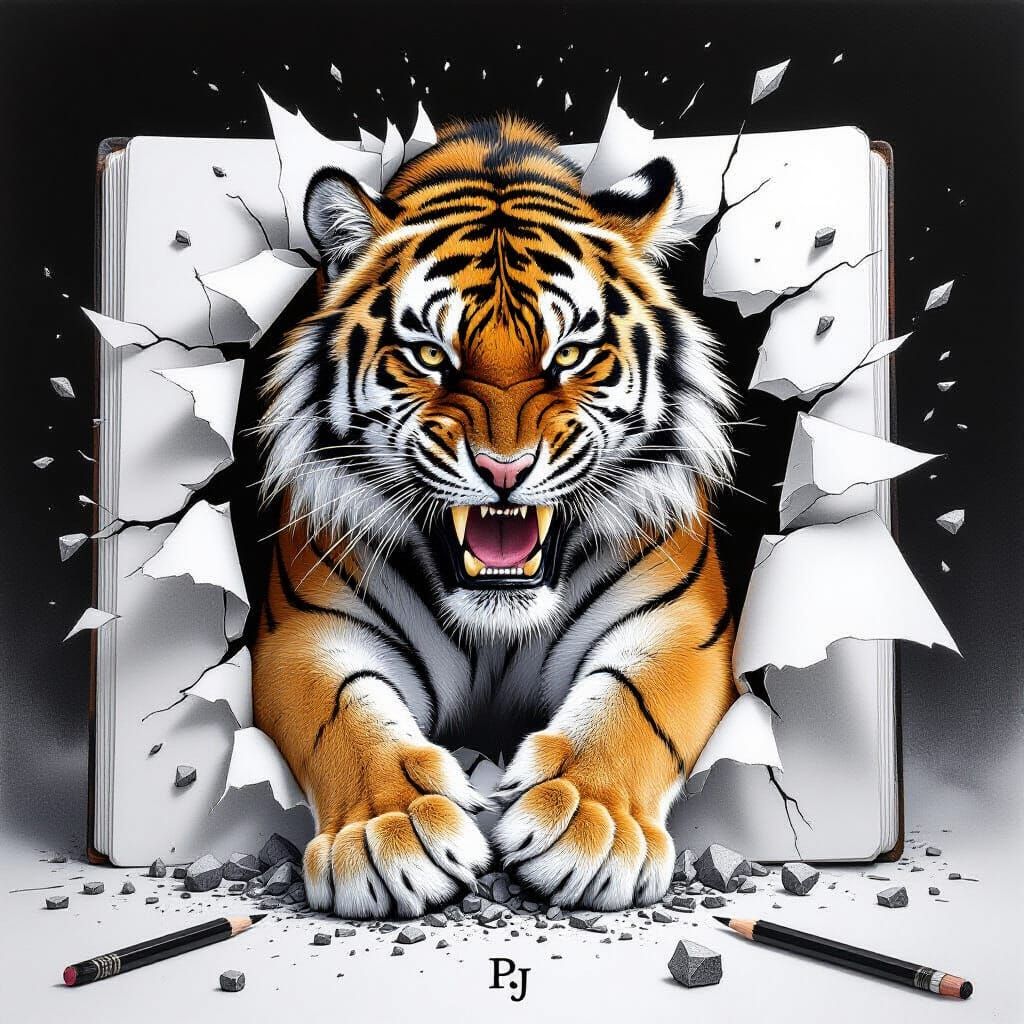 Tiger Emerging from Sketchbook in Detailed Monochromatic Art
