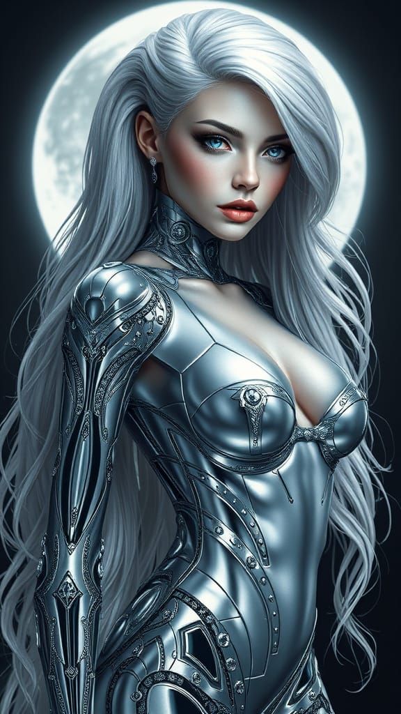 Sensual Futuristic Goddess with Chrome Skin and Moonlit Hair