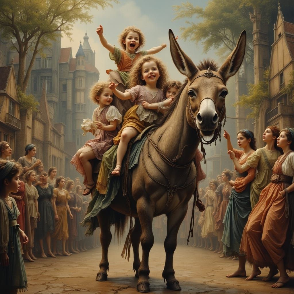 Bearded Donkey Carries Joyful Children in Bosch-Inspired Mar...