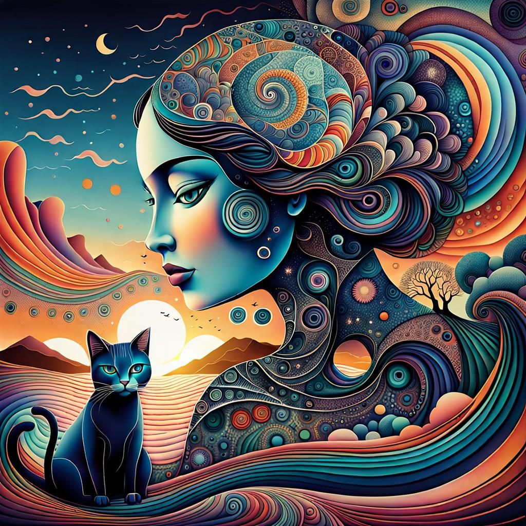 Dreamlike Art Brut Sunset with Woman and Cat