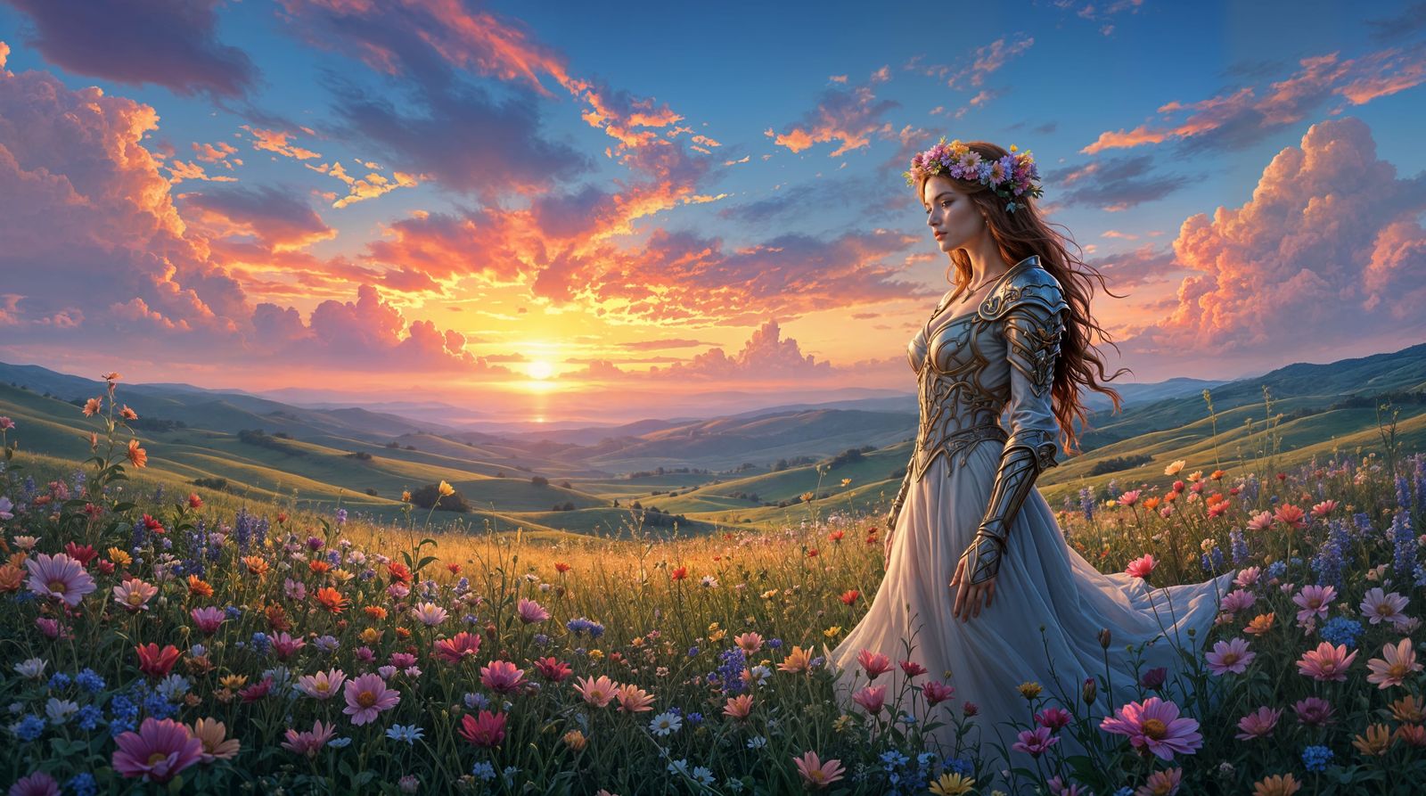 Fantasy Goddess in Hyperrealistic Wildflower Meadow