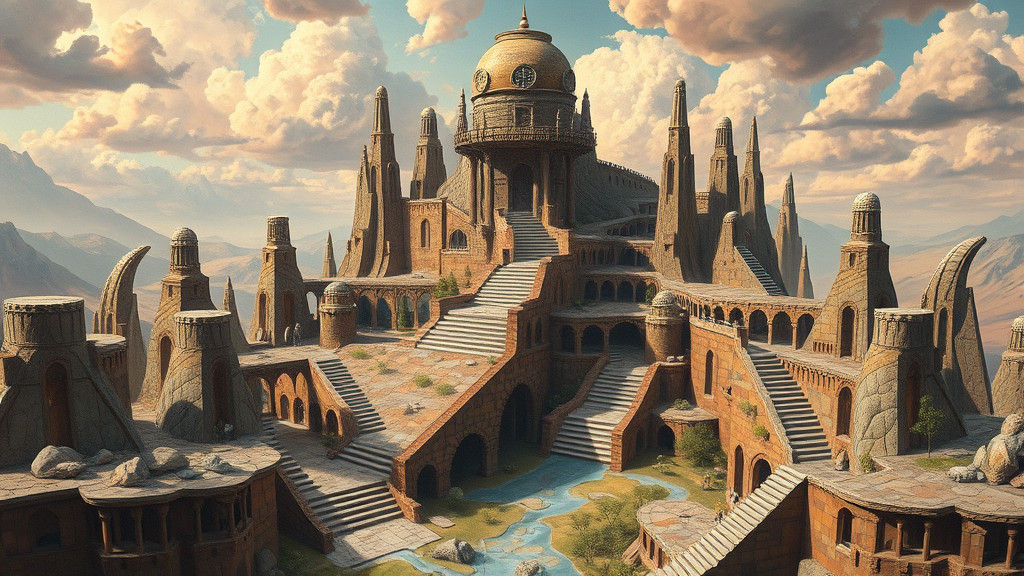 Surreal Landscape with Impossible Geometry in Oil Painting S...