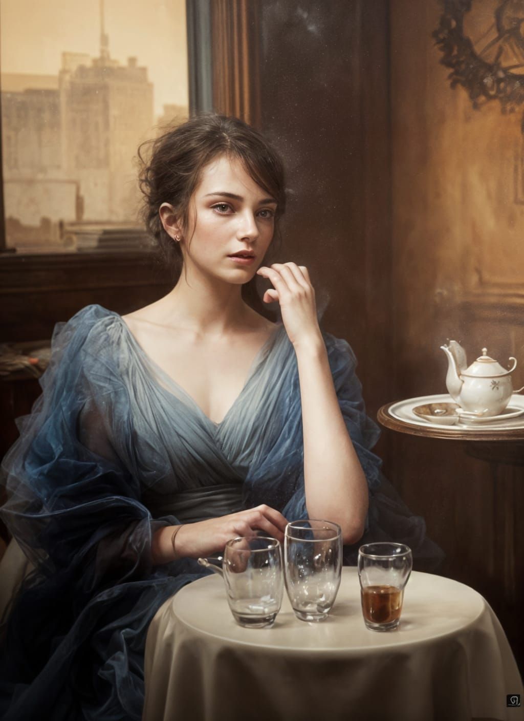 Beautiful Woman in Cafe: Photorealistic Steaming Tea