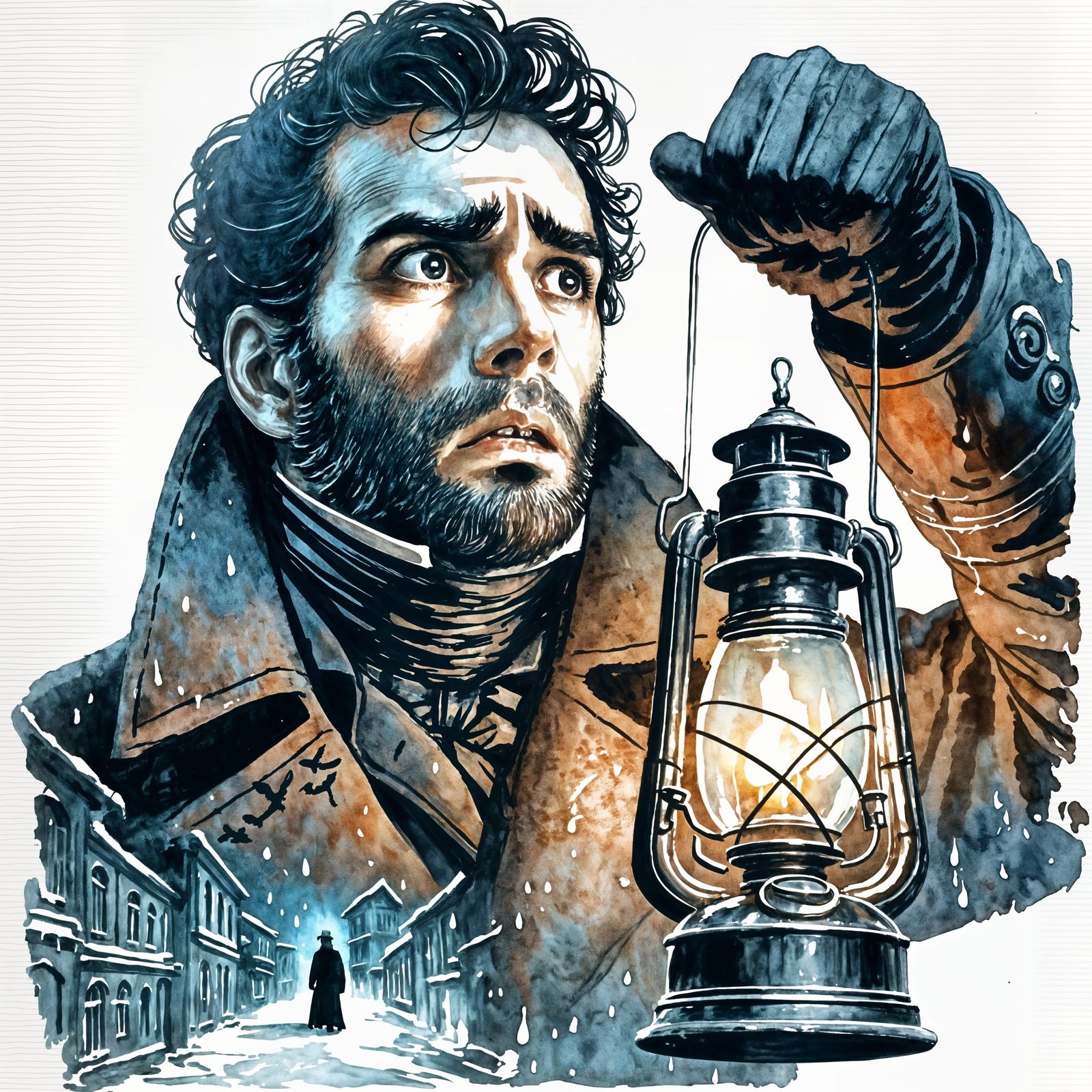 Anxious Man with Lantern in Watercolor Painting