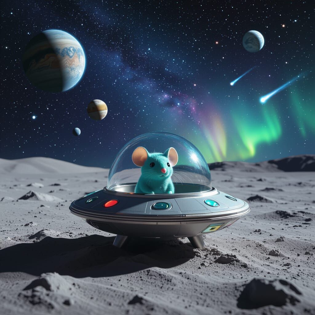 Miniature Alien Spaceship with Chibi Mouse on Moon
