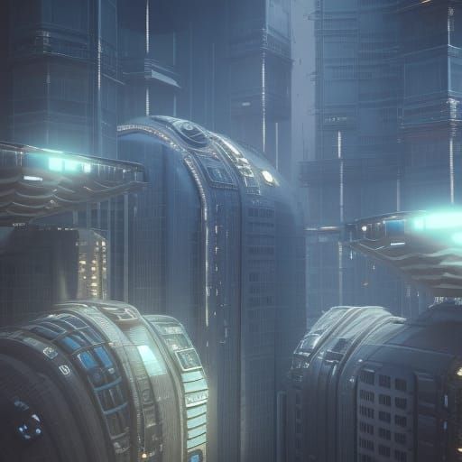 Futuristic Spaceship Monsters Above City in Sci-Fi Style