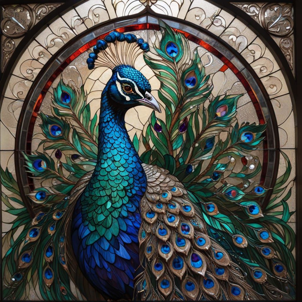Majestic Peacock: Gothic Stained Glass Portrait