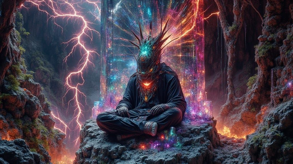 Biomechanical Shaman Meditating in Crystal Garden