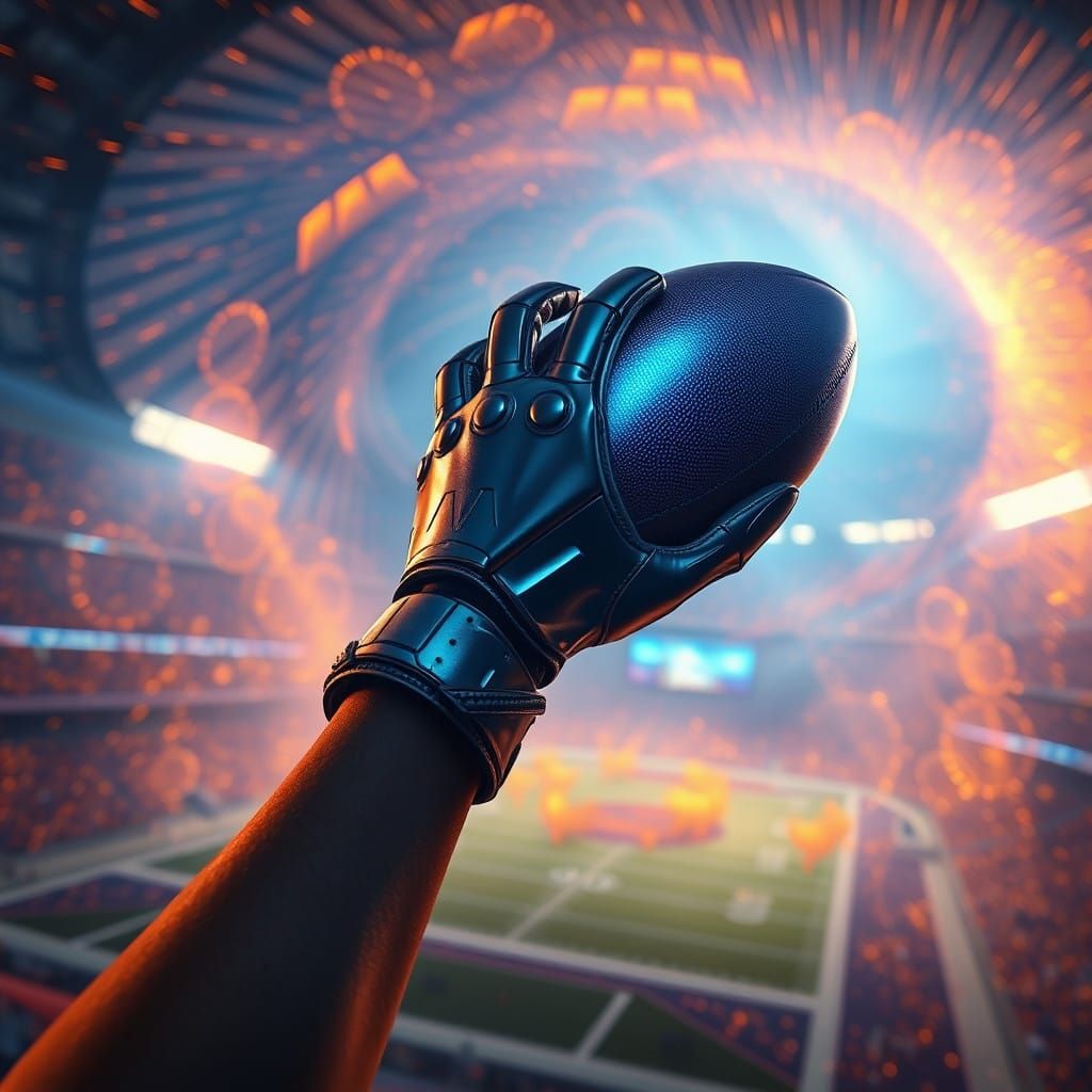 Sleek Hand Catches Glowing Pigskin in a Futuristic Football...