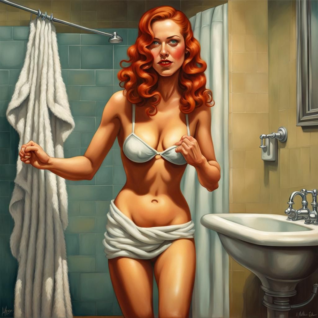 1930s Pin-Up Girl Stepping Out of Shower