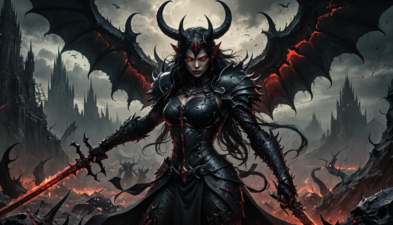 Powerful Female Demon Warrior in Dark Fantasy Art