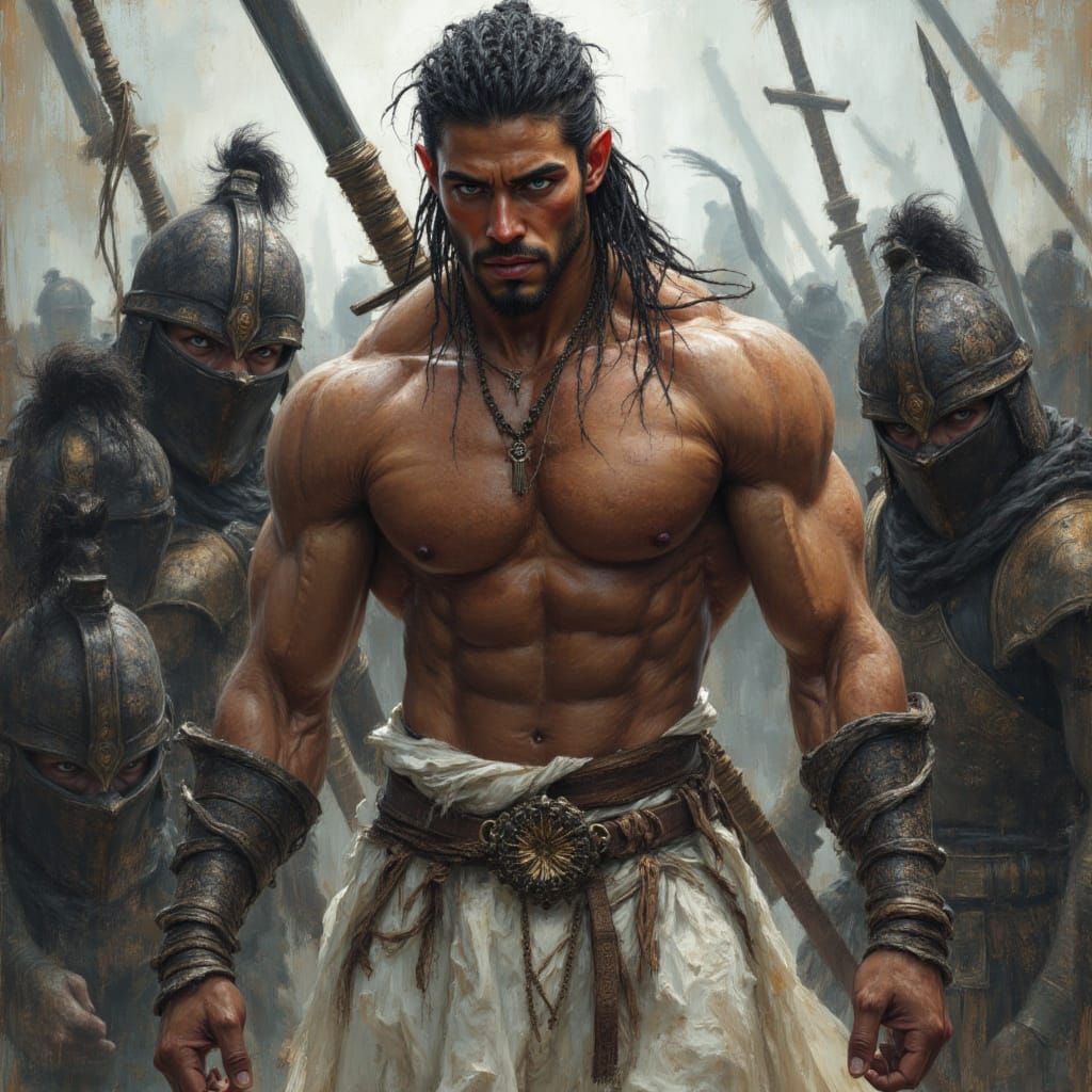 Muscular Warrior God Amidst Advancing Ninjas