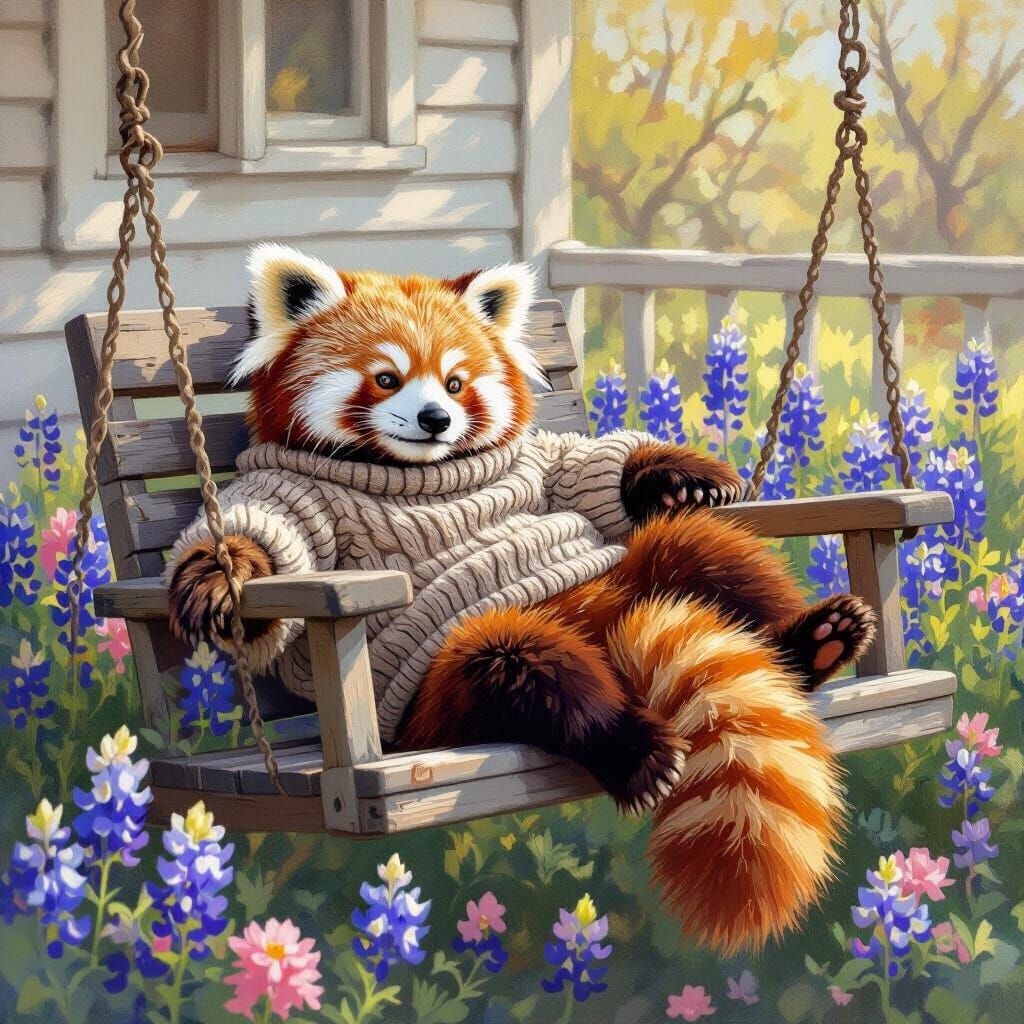 Red Panda Lounging in Floral Garden, Impressionistic Style