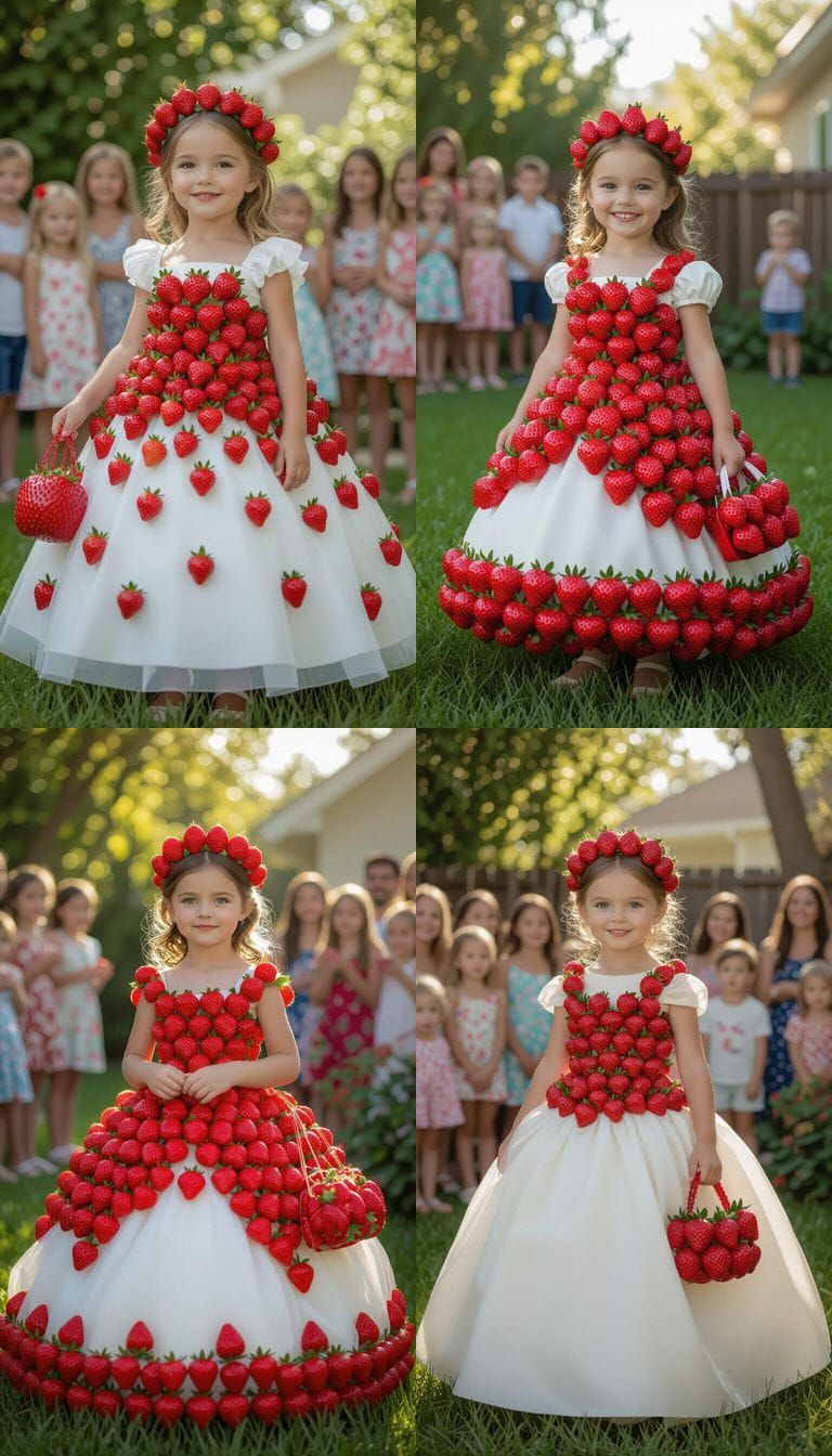 Girl in Strawberry Gown with Crown in Backyard
