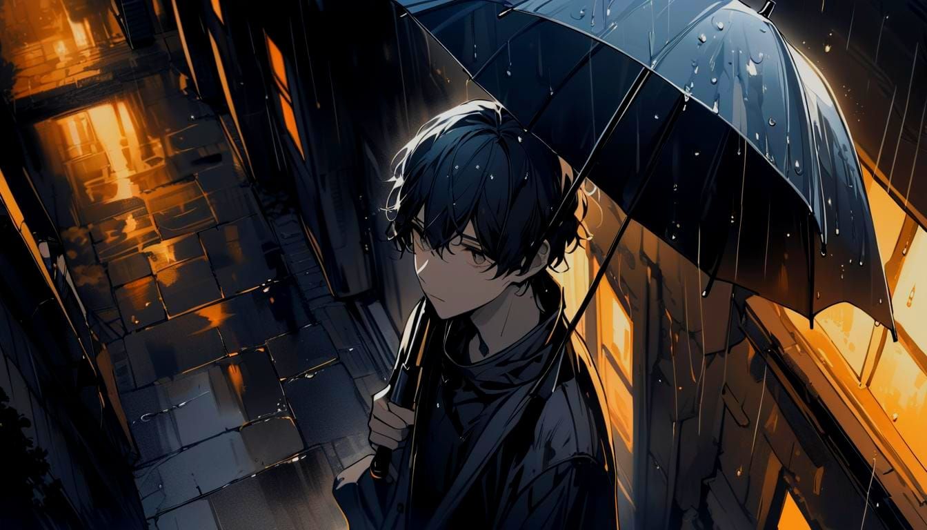 Nighttime Cityscape with Man in Suit and Umbrella