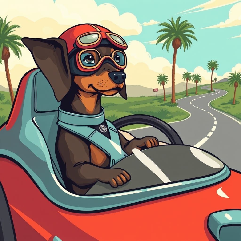 Retro-Futuristic Dachshund in Vintage Racing Helmet Cruises ...