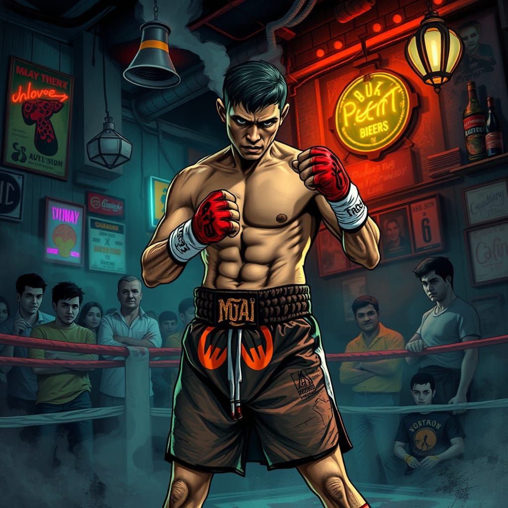Muay Thai Warrior in a Neon-Lit Bar