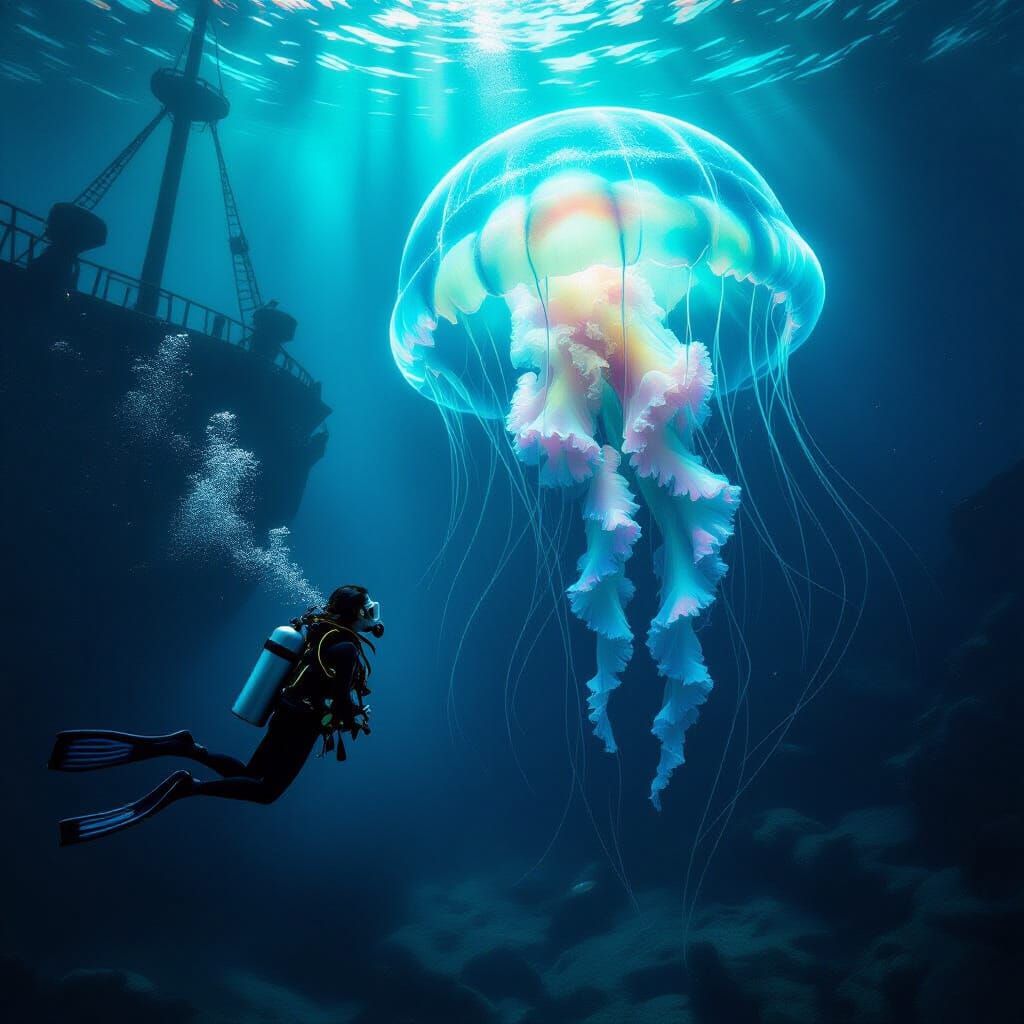 Scuba Diver Explores Shipwreck with Giant Bioluminescent Jel...