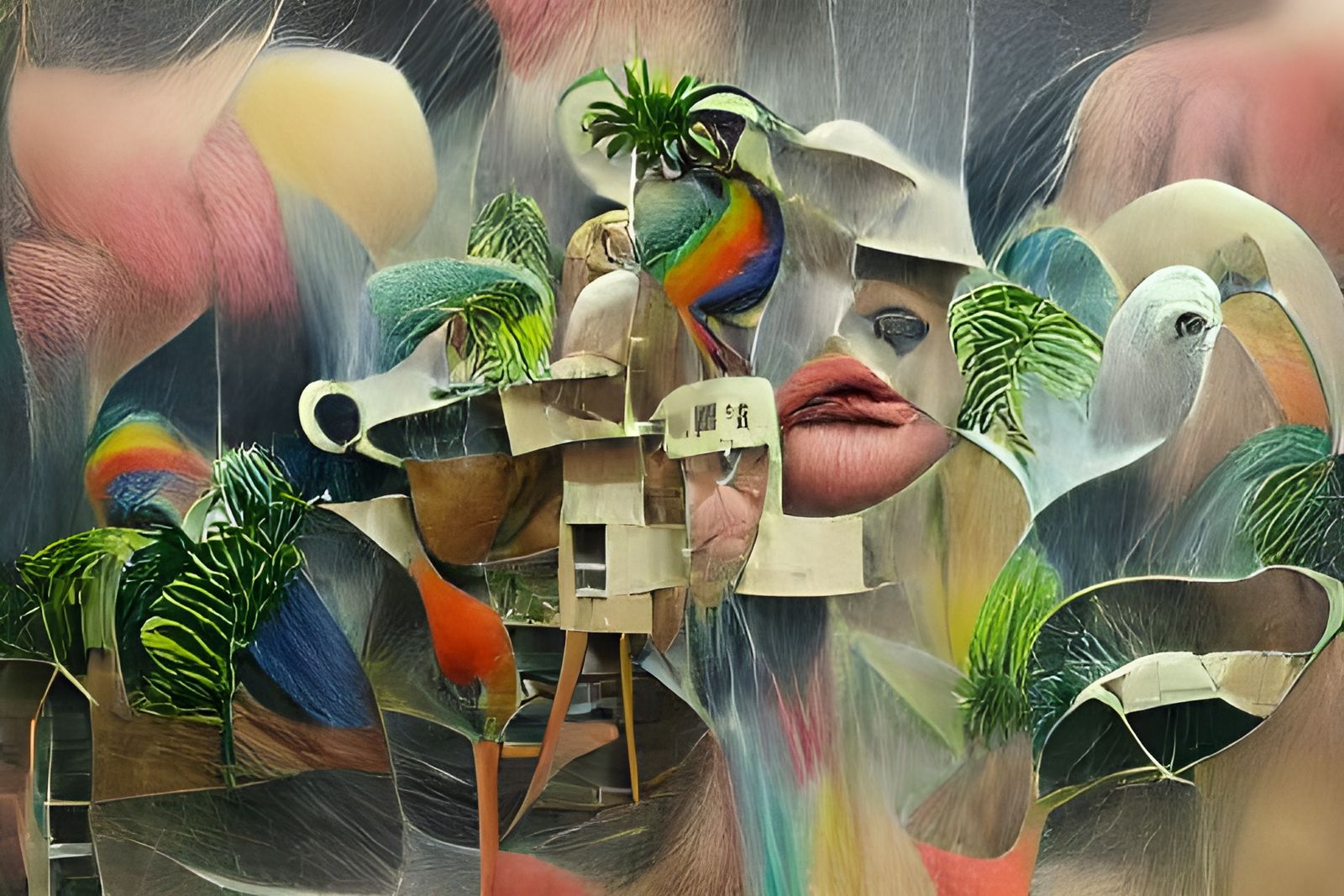 Cubist Tropical Birds in Mist with Rainbow