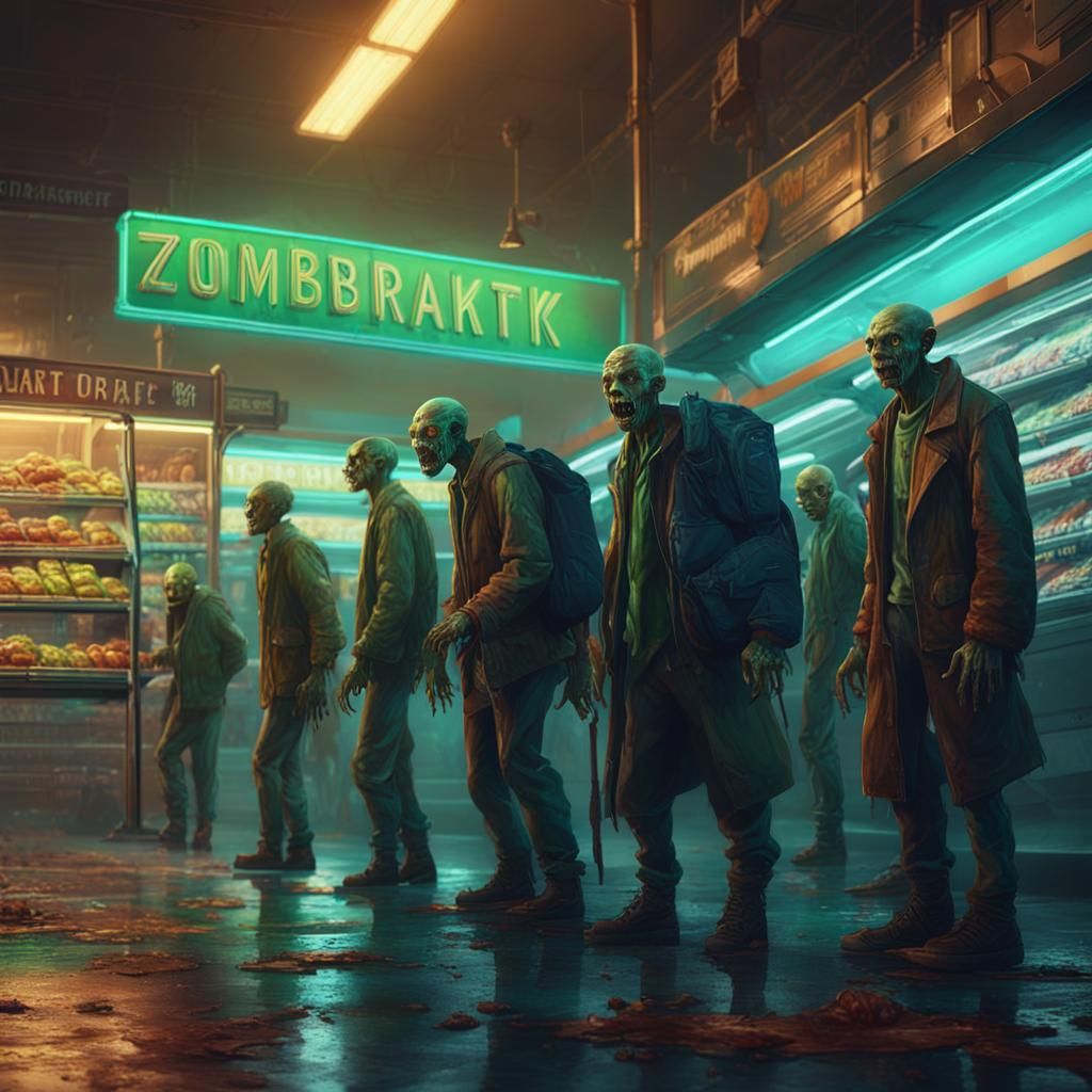 Zombies Queue at Supermarket in Dark Fantasy Style