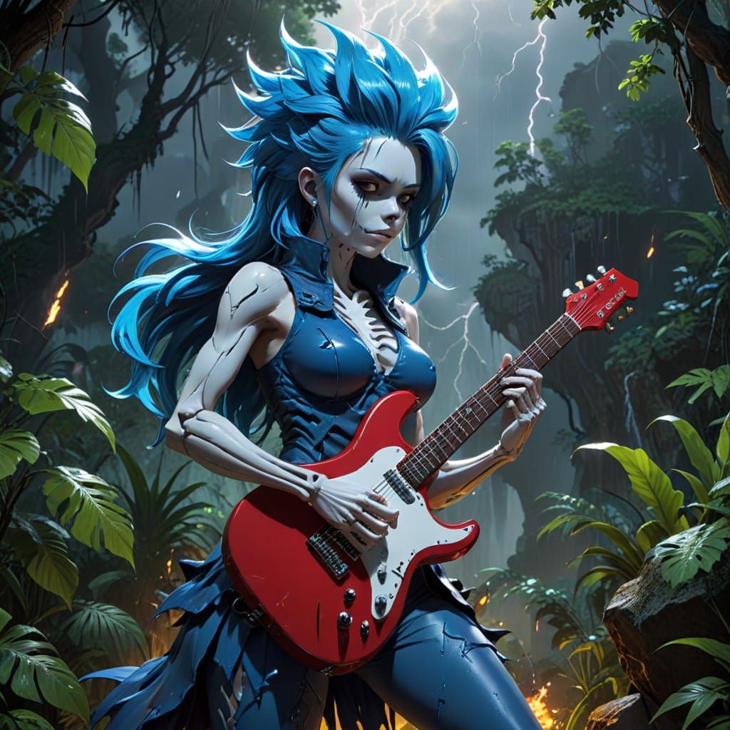 Skeleton Guitarist in Jungle: Vibrant Anime Art