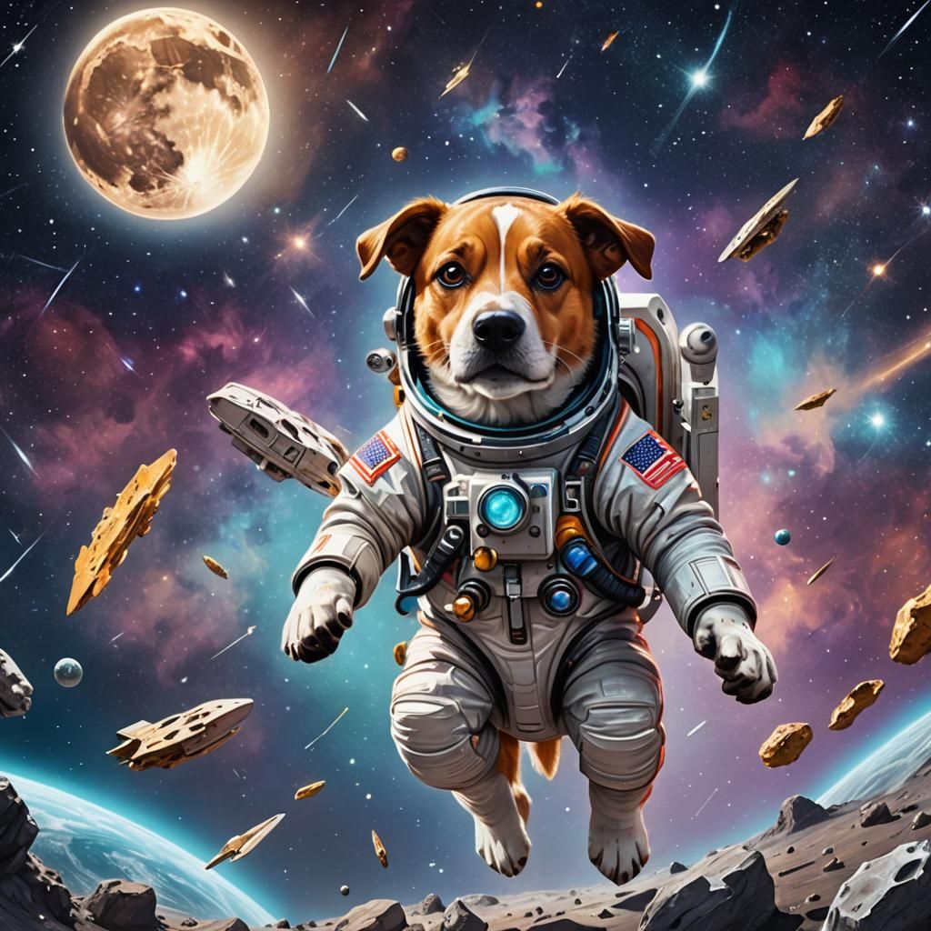 Dog Astronaut in Spacesuit Among Shooting Stars